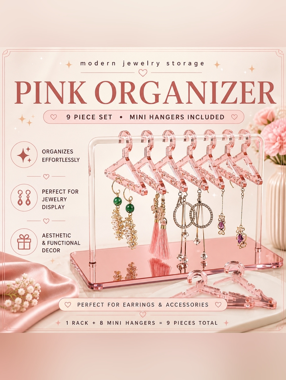 Pink Jewelry Organizer Stand Earring Holder w/ 8 Mini Hangers 9pc Set
